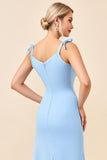 Sky Blue Bodycon Spaghetti Straps Ruched Long Bridesmaid Dress with Slit