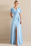 Sky Blue Sheath Wrap V Neck Ruffle Sleeves Long Bridesmaid Dress with Slit