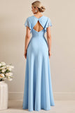 Sky Blue Sheath Wrap V Neck Ruffle Sleeves Long Bridesmaid Dress with Slit