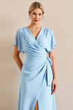 Sky Blue Sheath Wrap V Neck Ruffle Sleeves Long Bridesmaid Dress with Slit