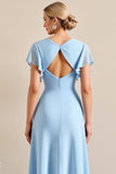 Sky Blue Sheath Wrap V Neck Ruffle Sleeves Long Bridesmaid Dress with Slit
