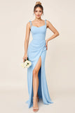 Sky Blue Bodycon Spaghetti Straps Ruched Satin Long Bridesmaid Dress with Slit