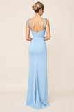 Sky Blue Bodycon Spaghetti Straps Ruched Satin Long Bridesmaid Dress with Slit