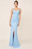 Sky Blue Bodycon Spaghetti Straps Ruched Satin Long Bridesmaid Dress with Slit
