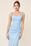 Sky Blue Bodycon Spaghetti Straps Ruched Satin Long Bridesmaid Dress with Slit