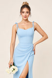 Sky Blue Bodycon Spaghetti Straps Ruched Satin Long Bridesmaid Dress with Slit