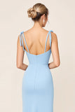 Sky Blue Bodycon Spaghetti Straps Ruched Satin Long Bridesmaid Dress with Slit