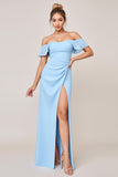 Sky Blue Sheath Ruffle Off the Shoulder Long Bridesmaid Dress with Slit