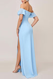 Sky Blue Sheath Ruffle Off the Shoulder Long Bridesmaid Dress with Slit