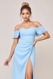 Sky Blue Sheath Ruffle Off the Shoulder Long Bridesmaid Dress with Slit