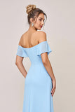 Sky Blue Sheath Ruffle Off the Shoulder Long Bridesmaid Dress with Slit