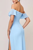 Sky Blue Sheath Ruffle Off the Shoulder Long Bridesmaid Dress with Slit