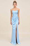 Sky Blue Mermaid Spaghetti Straps Ruched Satin Long Bridesmaid Dress with Slit