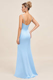Sky Blue Mermaid Spaghetti Straps Ruched Satin Long Bridesmaid Dress with Slit