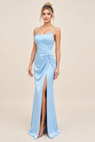 Sky Blue Mermaid Spaghetti Straps Ruched Satin Long Bridesmaid Dress with Slit