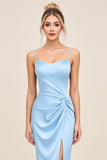 Sky Blue Mermaid Spaghetti Straps Ruched Satin Long Bridesmaid Dress with Slit