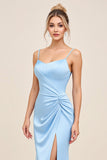 Sky Blue Mermaid Spaghetti Straps Ruched Satin Long Bridesmaid Dress with Slit