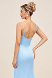 Sky Blue Mermaid Spaghetti Straps Ruched Satin Long Bridesmaid Dress with Slit