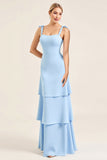 Sky Blue Sheath Ruffles Spaghetti Straps Long Bridesmaid Dress with Slit