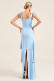 Sky Blue Sheath Ruffles Spaghetti Straps Long Bridesmaid Dress with Slit