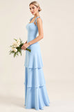 Sky Blue Sheath Ruffles Spaghetti Straps Long Bridesmaid Dress with Slit