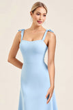 Sky Blue Sheath Ruffles Spaghetti Straps Long Bridesmaid Dress with Slit