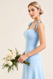 Sky Blue Sheath Ruffles Spaghetti Straps Long Bridesmaid Dress with Slit