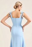 Sky Blue Sheath Ruffles Spaghetti Straps Long Bridesmaid Dress with Slit