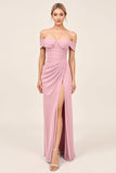 Blush Pink Off the Shoulder Ruched Sheath Long Bridesmaid Dress with Slit