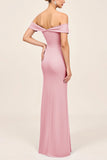 Blush Pink Off the Shoulder Ruched Sheath Long Bridesmaid Dress with Slit