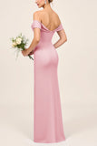 Blush Pink Off the Shoulder Ruched Sheath Long Bridesmaid Dress with Slit