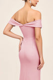 Blush Pink Off the Shoulder Ruched Sheath Long Bridesmaid Dress with Slit