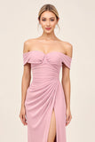 Blush Pink Off the Shoulder Ruched Sheath Long Bridesmaid Dress with Slit
