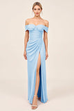 Blush Pink Off the Shoulder Ruched Sheath Long Bridesmaid Dress with Slit