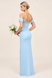 Blush Pink Off the Shoulder Ruched Sheath Long Bridesmaid Dress with Slit