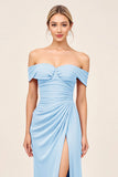 Blush Pink Off the Shoulder Ruched Sheath Long Bridesmaid Dress with Slit