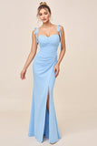 Sky Blue Spaghetti Straps Ruched Bodycon Long Bridesmaid Dress with Slit