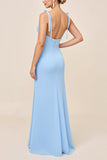 Sky Blue Spaghetti Straps Ruched Bodycon Long Bridesmaid Dress with Slit