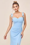 Sky Blue Spaghetti Straps Ruched Bodycon Long Bridesmaid Dress with Slit
