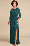 Peacock Sheath Scoop 3/4 Sleeves Long Mother of the Bride Dress with Slit