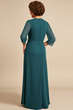 Peacock Sheath Scoop 3/4 Sleeves Long Mother of the Bride Dress with Slit