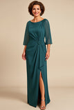Peacock Sheath Scoop 3/4 Sleeves Long Mother of the Bride Dress with Slit