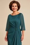 Peacock Sheath Scoop 3/4 Sleeves Long Mother of the Bride Dress with Slit