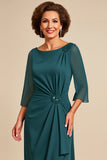 Peacock Sheath Scoop 3/4 Sleeves Long Mother of the Bride Dress with Slit