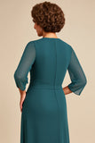Peacock Sheath Scoop 3/4 Sleeves Long Mother of the Bride Dress with Slit