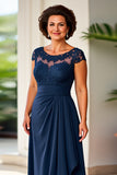 Navy Sheath Scoop Neck Ruffle Long Mother of the Bride Dress with Lace
