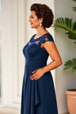 Navy Sheath Scoop Neck Ruffle Long Mother of the Bride Dress with Lace