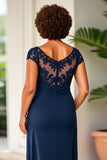 Navy Sheath Scoop Neck Ruffle Long Mother of the Bride Dress with Lace