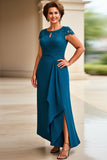 Ink Blue Sheath Ruffle Cap Sleeves Long Mother of the Bride Dress with Lace
