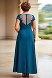 Ink Blue Sheath Ruffle Cap Sleeves Long Mother of the Bride Dress with Lace